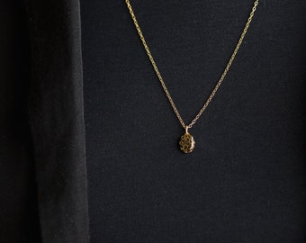 Golden Necklace with a Vintage Glass Porcelain Pendant White Gold Cream Crackle Pendant