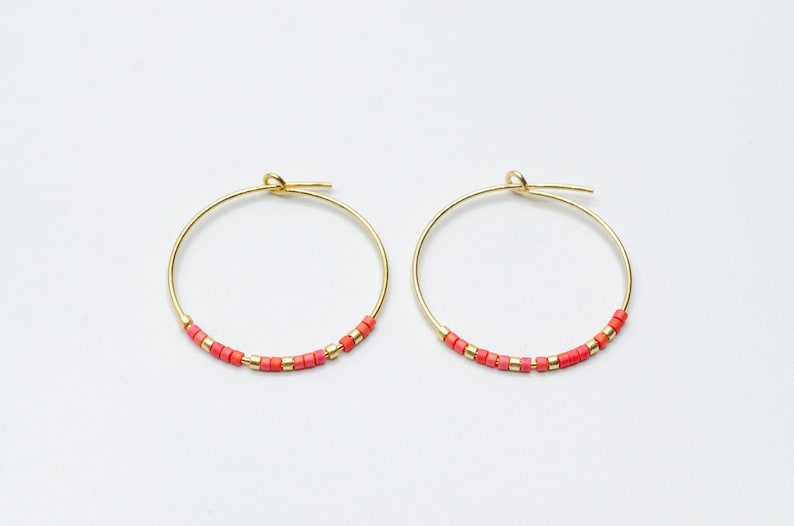 A unique Pair of golden Sterling Silver Hoops with glas beads handmade earrings miyuki beads glass beads