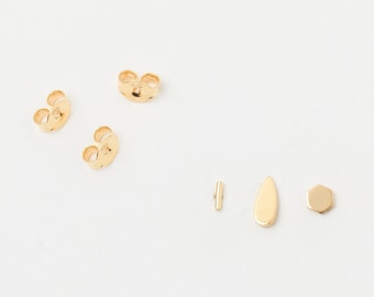 Handmade Tiny Golden Studs  Disc Bar and Drop Earstuds Sterling Silver golden Studs Earrings Studs