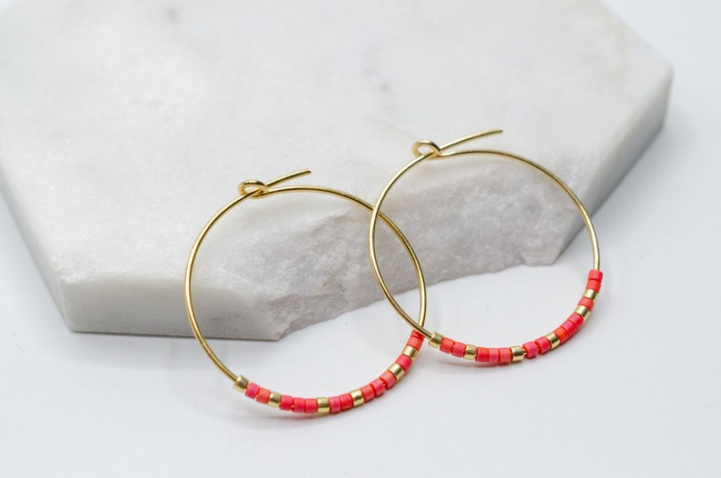 A unique Pair of golden Sterling Silver Hoops with glas beads handmade earrings miyuki beads glass beads