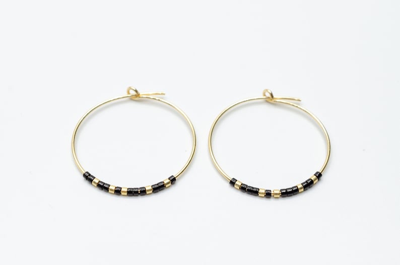 A unique Pair of golden Sterling Silver Hoops with glas beads handmade earrings miyuki beads glass beads