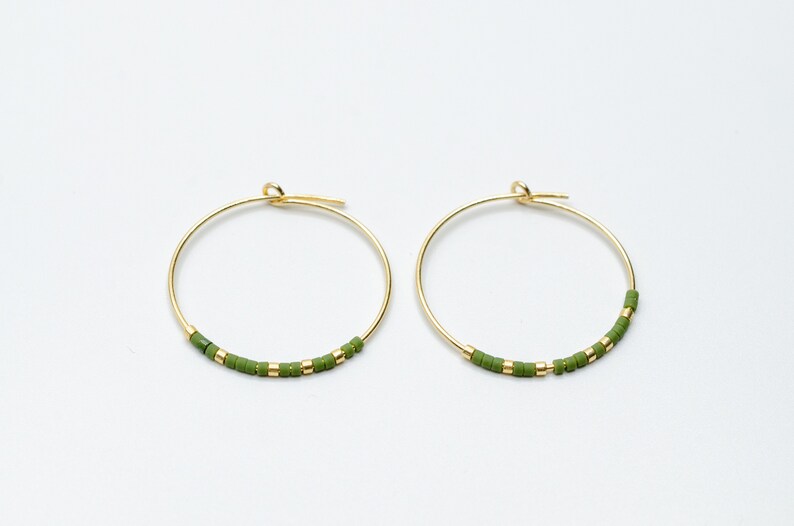 A unique Pair of golden Sterling Silver Hoops with glas beads handmade earrings miyuki beads glass beads