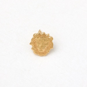 Könnte beinhalten: Ein goldfarbener Löwenkopf-Ansteckpin. Der Pin zeigt eine detaillierte Darstellung des Gesichts eines Löwen mit Mähne. Der Pin ist wahrscheinlich aus Metall und hat eine glänzende Oberfläche. Der Pin ist ein kleines Accessoire, geeignet für Kleidung oder Accessoires.