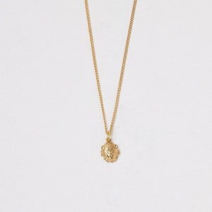 May include: A gold chain necklace with a lion head pendant.