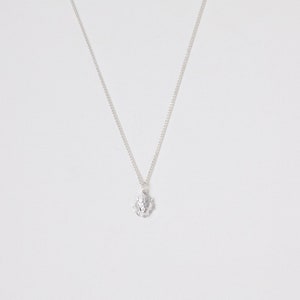 May include: A silver chain necklace with a small, textured, silver pendant.