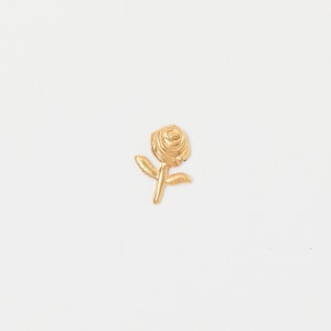 Könnte beinhalten: Ein goldfarbener Rosenanhänger mit detaillierten Blütenblättern und Blättern. Das Schmuckstück ist vor einem weißen Hintergrund platziert, der das komplizierte Design und den metallischen Glanz des floralen Accessoires hervorhebt.