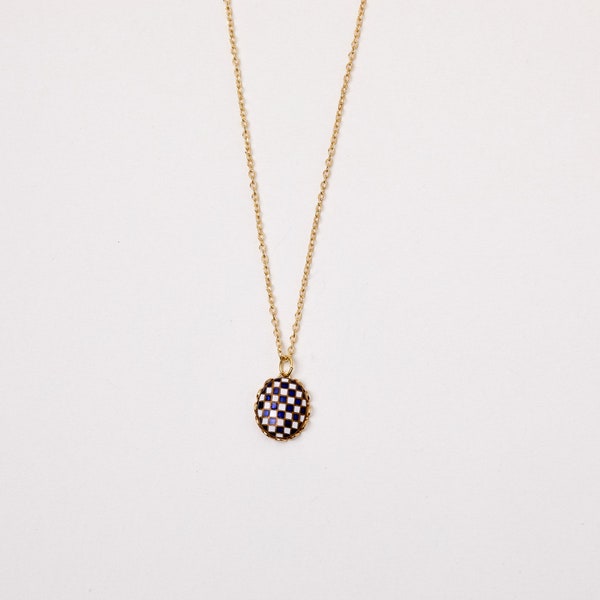 Unique Golden Necklace with  a Vintage checkered Pendant White and Blue Goldfilled Enamel