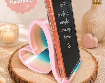 Pastel Heart Phone Stand | Cute Aesthetic Desk Decor | Iridescent Phone Holder | Desk Accessory