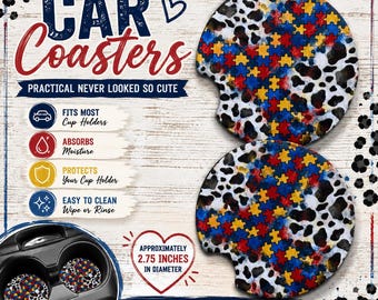 Posavasos para coche con diseño de piezas de puzle para concienciar sobre el autismo / Neopreno absorbente (Juego de 2)