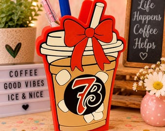 3D Printed Iced Coffee Pen Holder with Bow | Cute Desk Organizer | Coffee Lover Desk Decor | Aesthetic Office Accessory