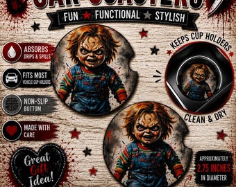 Juego de posavasos de terror para coche / Portavasos de neopreno absorbentes con diseño espeluznante