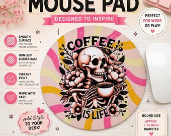 Alfombrilla de ratón con diseño de esqueleto y café – Accesorio de escritorio gótico, humor negro