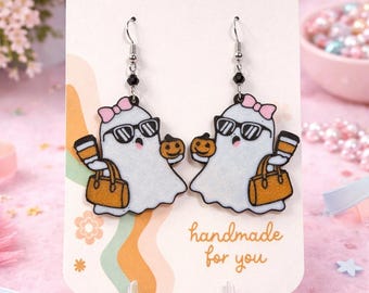 3D Halloween Earrings | Cute Ghost, Pumpkin Cat & Bat Designs | PLA Lightweight Dangle Earrings | Layered Spooky Cute Jewelry
