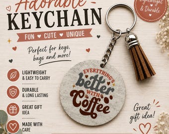 Llavero para amantes del café / Diseño sublimado, accesorio con borla