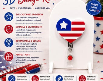Portatarjetas retráctil con la bandera de EE. UU. en 3D / Soporte patriótico para identificación, regalo para trabajadores de la salud