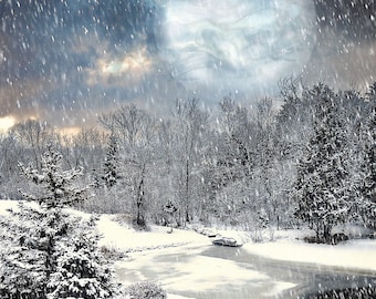 Snowy Winter Moon, Christmas Card, Enchanting Winter, Winter Pond Snow Scene, Fairy enchanting, Blue Moon Print, Mystic Winter Decor