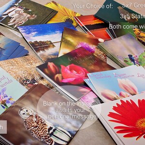 May include: A variety of greeting cards and stationery cards with different designs and colors. The cards are blank on the inside and come with envelopes. The text on the cards reads "Frame it!" "Live the moments you cannot put into words" "Enjoy the little things in life" "Cherish Yesterday Dream Tomorrow Live Today" "5x7 Greeting Cards or 3x5 Stationery Cards" "Both come with envelopes" "Blank on the inside awaits your personal message" and "Matte finish".