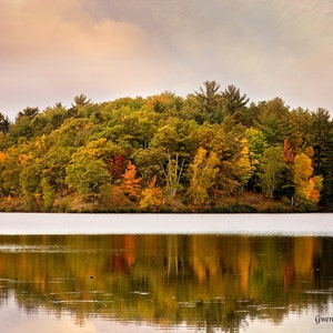 Autumn Fall River Print, Red Maple Leaves, Menominee River Photo, Lake Reflection Print, Hardwood Fall Foliage, Woodland Art Photography