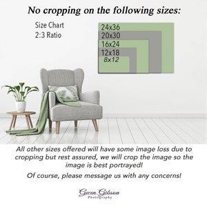May include: A chart showing the different sizes available for prints. The chart shows the dimensions in inches, with the largest size being 24x36 inches and the smallest size being 8x12 inches. The text "No cropping on the following sizes" is at the top of the chart. The text "Size Chart 2:3 Ratio" is below the chart. The text "All other sizes offered will have some image loss due to cropping but rest assured, we will crop the image so the image is best portrayed! Of course, please message us with any concerns!" is below the chart. The text "Gwen Gibson Photography" is at the bottom of the chart.