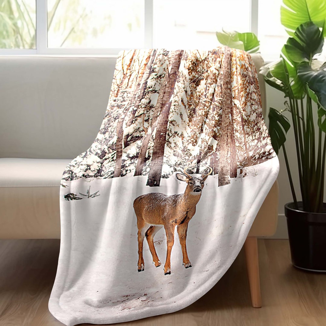 Fleece Sherpa Blankets, Winter Deer Fleece Blanket, Buck Deer Blanket