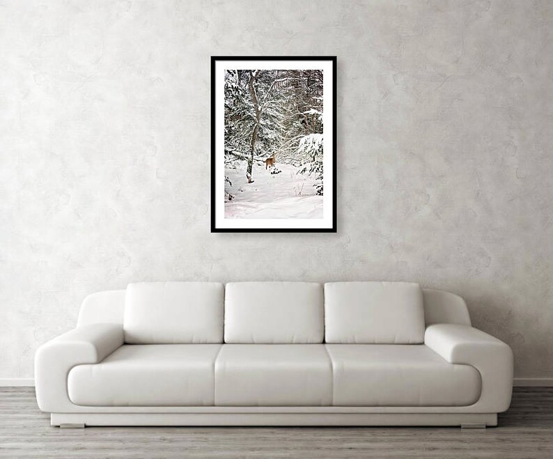 K&ouml;nnte beinhalten: Gerahmter Kunstdruck einer winterlichen Waldszene. Das Kunstwerk zeigt einen schneebedeckten Wald mit B&auml;umen und einem Hirsch. Der Druck ist in einem schwarzen Rahmen und wird &uuml;ber einem wei&szlig;en Sofa vor einer neutralen Wand ausgestellt.
