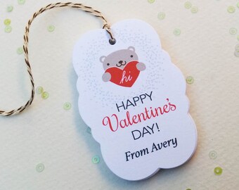 Valentine's Day personalized tags - Bear heart Valentine tags - Kids Valentines school tags - cute animal treat tags (TG-39)