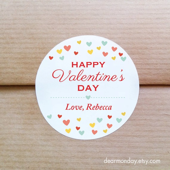 Personalized Valentine stickers - Confetti hearts stickers - Colorful hearts kids valentine party - Customized Treat bag labels (L-08)