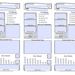 D&amp;D Player Turn Card | Combat Trackers | Printable Fillable PDF ...
