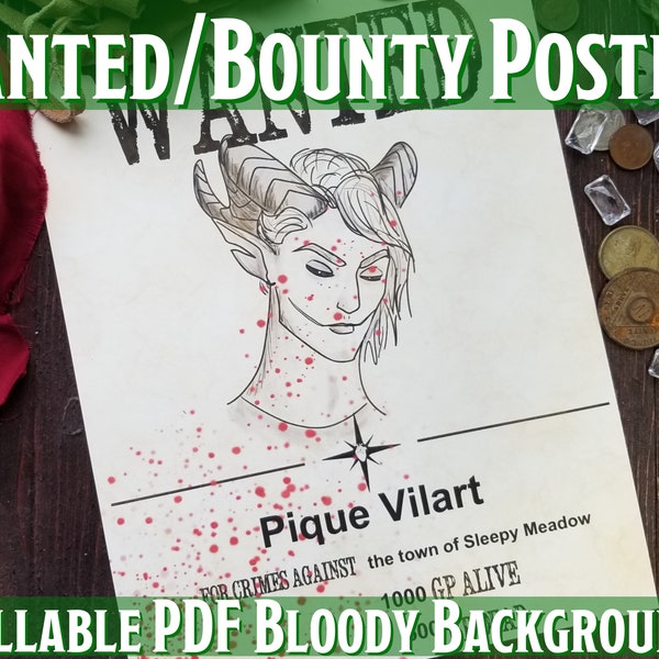 Bounty/Wanted Poster Prop 10 Portraits |Bloody Background| Printable Fillable PDF| Dungeons and Dragons 5e | Pathfinder
