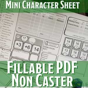 D&D Mini Character Sheet  Non-Caster | Printable Fillable PDF| Dungeons and Dragons 5e |