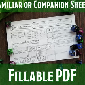 Folha de personagem do companheiro animal familiar de D&D | PDF preenchível para impressão | Masmorras e Dragões 5e