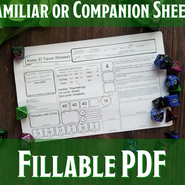 D&D Familiar Animal Companion Character Sheet / PDF rellenable imprimible / Dragones y mazmorras 5e