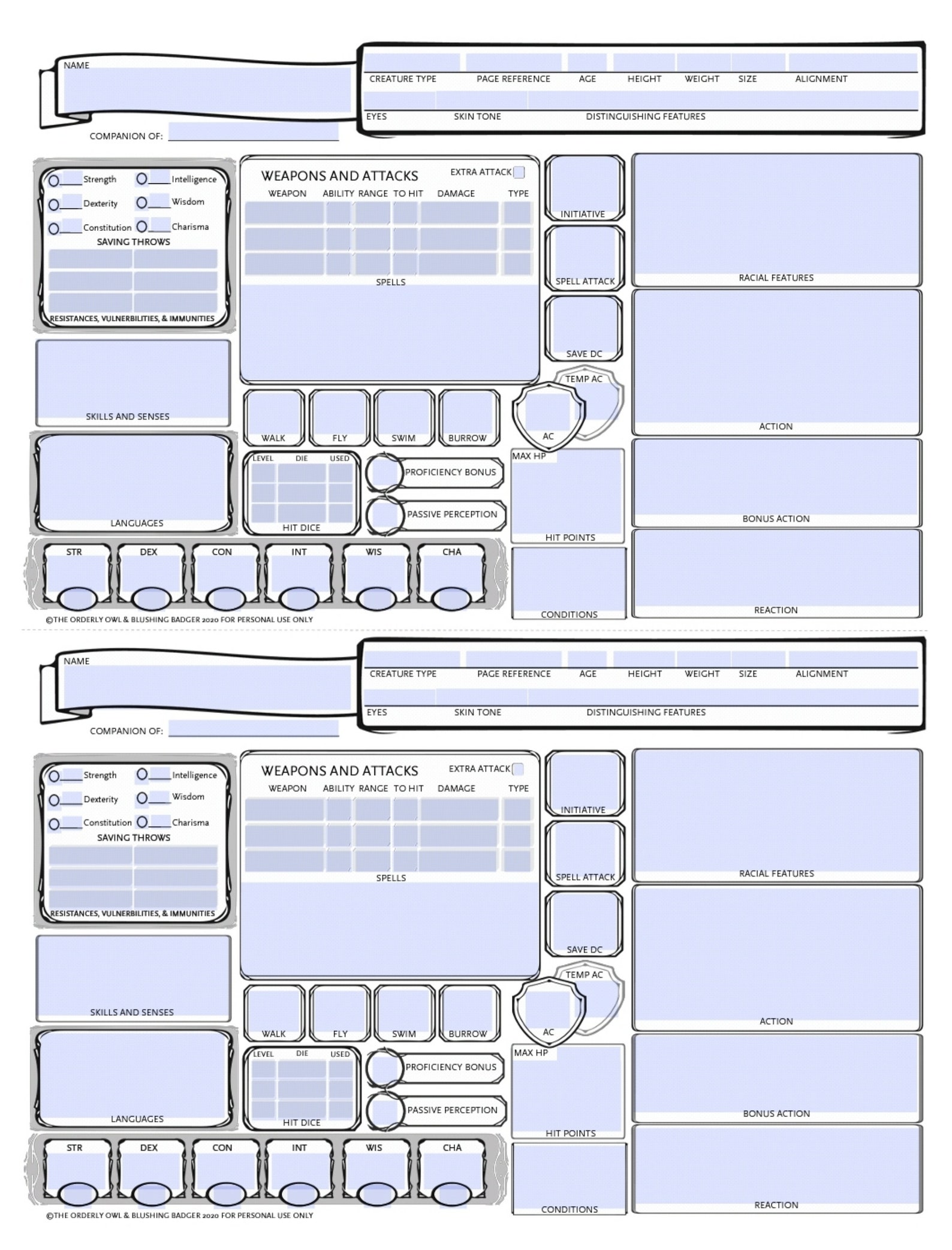 D D Familiar Animal Companion Character Sheet Printable Etsy Espa a