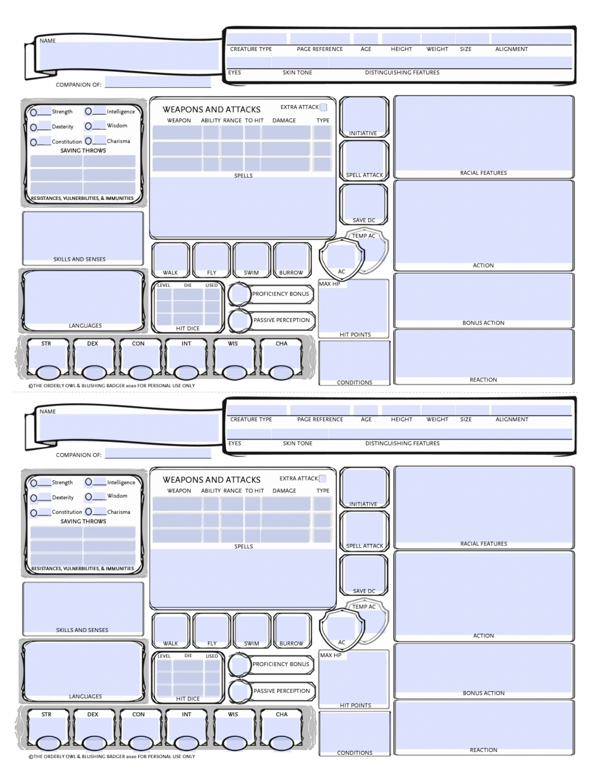 D&D Familiar Animal Companion Character Sheet Printable - Etsy Australia D&D Familiar Animal Companion Character Sheet Printable - Etsy Australia