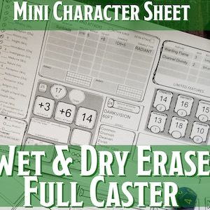 D&D Mini Character Sheet Full Caster| Laminated Wet Erase/Dry Erase | Dungeons and Dragons 5e