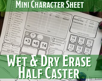 D&D Mini Character Sheet Half-Caster | Laminated Wet Erase/Dry Erase | Dungeons and Dragons 5e