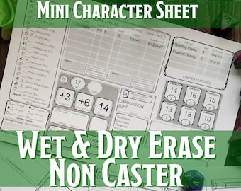 D&D Mini Character Sheet Non-Caster | Laminated Wet Erase/Dry Erase | Dungeons and Dragons 5e