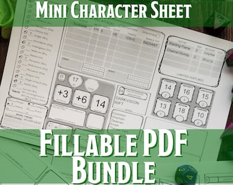 Puede incluir: Una hoja de personaje imprimible en blanco y negro para un juego de rol de mesa. La hoja incluye secciones para las estadísticas del personaje, las habilidades, los ataques y las características. El texto "MINI CHARACTER SHEET" está en la parte superior de la hoja. El texto "FILLABLE PDF BUNDLE" está en la parte inferior de la hoja.