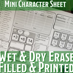 D&D Mini Hoja de Personaje Rellena / Borración Húmeda Laminada / Borrar Seca / Mazmorras y Dragones 5e