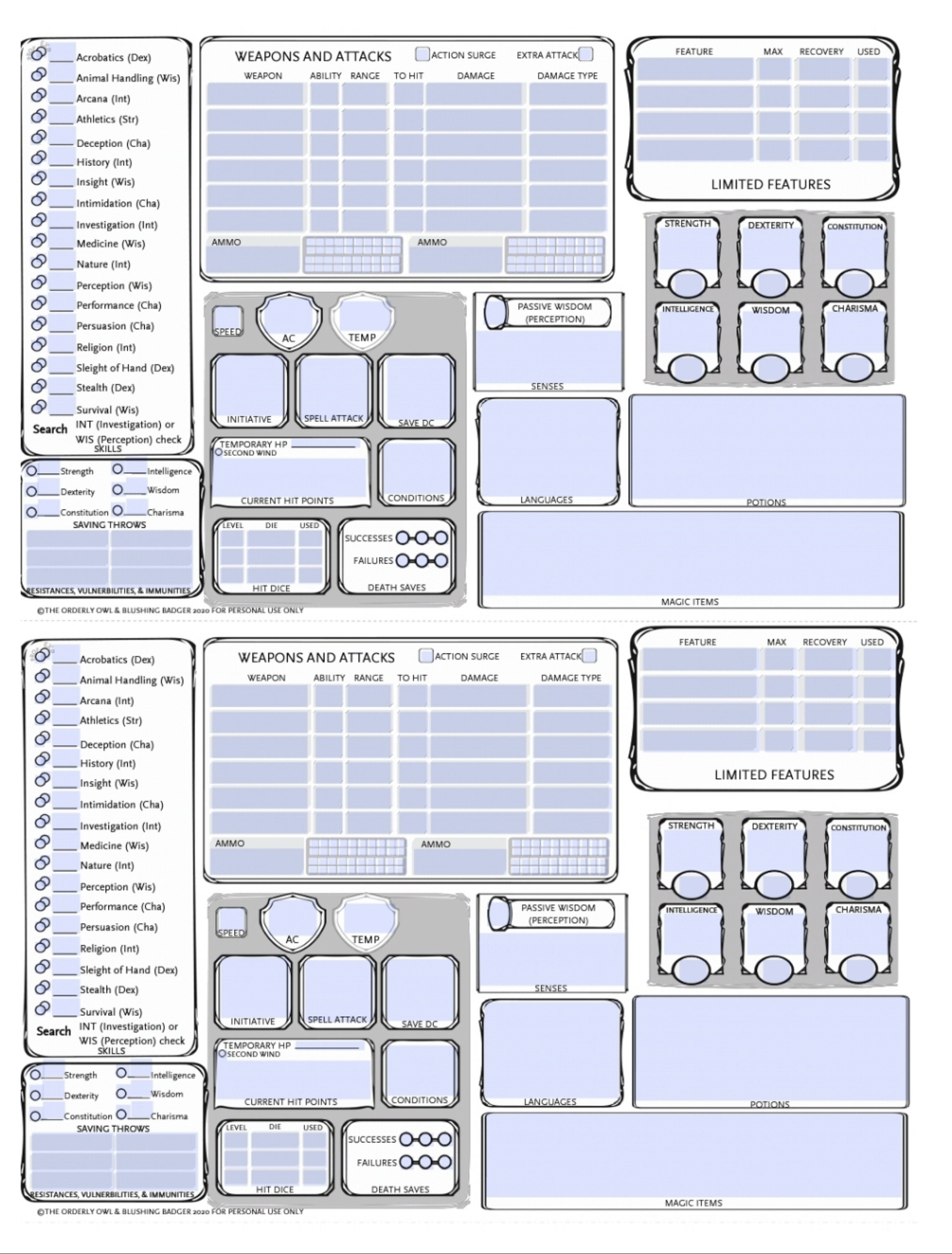 Cod Character Sheets D&D Mini Character Sheet Non-Caster Laminated Wet Erase/Dry | Etsy