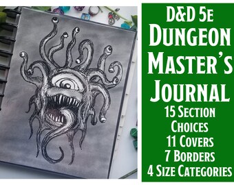 Puede incluir: Una ilustración en blanco y negro de un beholder, una criatura de Dungeons and Dragons, con un solo ojo grande y múltiples ojos más pequeños en tallos. La ilustración está sobre un fondo gris. El texto "D&D 5E Dungeon Master's Journal" está en texto blanco sobre un fondo verde.