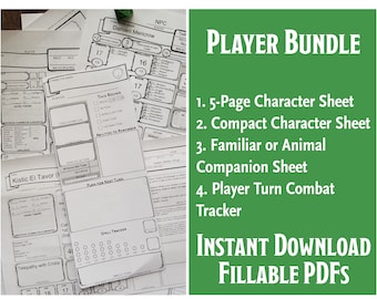 Op de afbeelding: Een groene achtergrond met witte tekst die "PLAYER BUNDLE" luidt en vier items opsomt: 5-Page Character Sheet, Compact Character Sheet, Familiar or Animal Companion Sheet en Player Turn Combat Tracker. Onder de lijst staat de tekst "INSTANT DOWNLOAD FILLABLE PDFS".