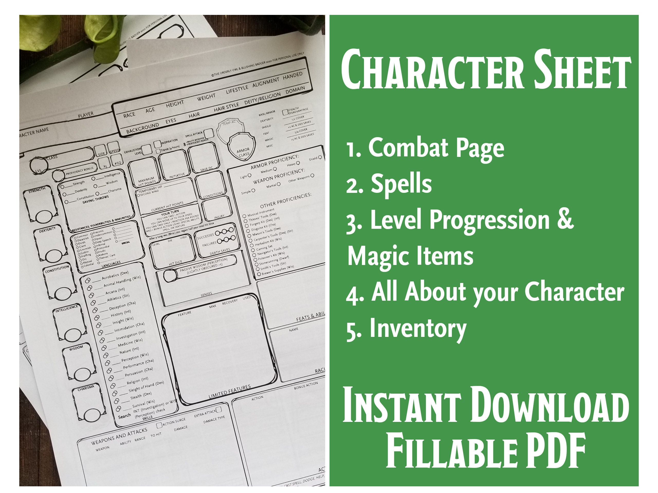 d d full character sheet printable fillable pdf dungeons etsy