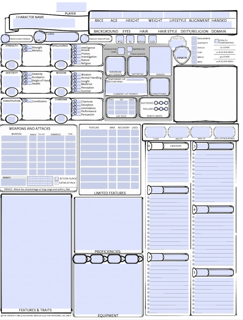 dd small character sheet npc sheet 1 page printable etsy