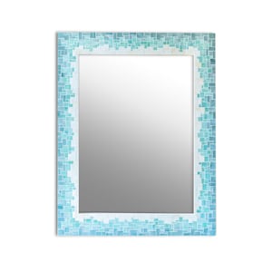 May include: Rectangular mirror with a mosaic tile frame in shades of blue and white. The frame is composed of small, square tiles, creating a textured, decorative border. The mirror's reflective surface is visible within the frame.