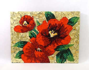 Fine Art Mosaic Tile Wall Art - Red Flower Art, 12 x 16 Wall Art