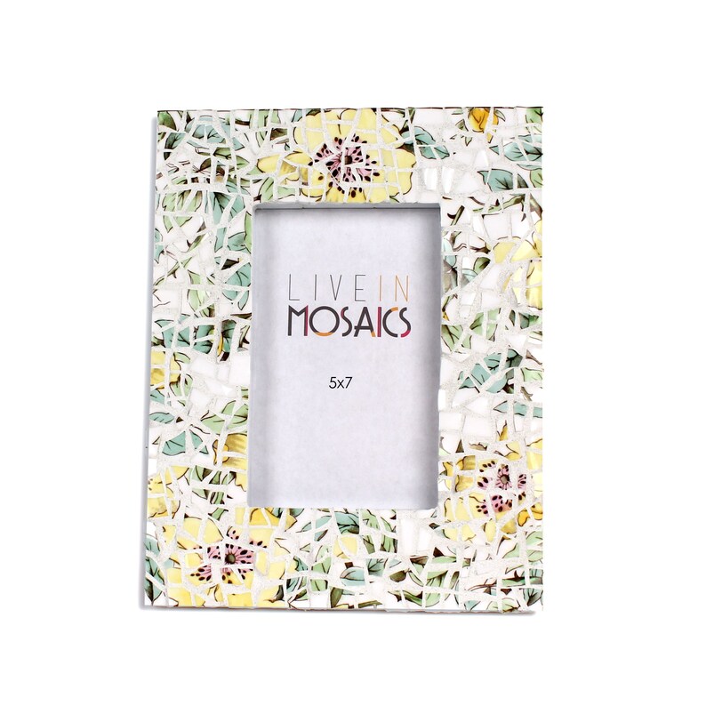 May include: Rectangular mosaic picture frame with a floral design. The frame features a mosaic pattern with yellow, green, and white tiles. The text "LIVE IN MOSAICS" and "5x7" are visible within the frame opening.