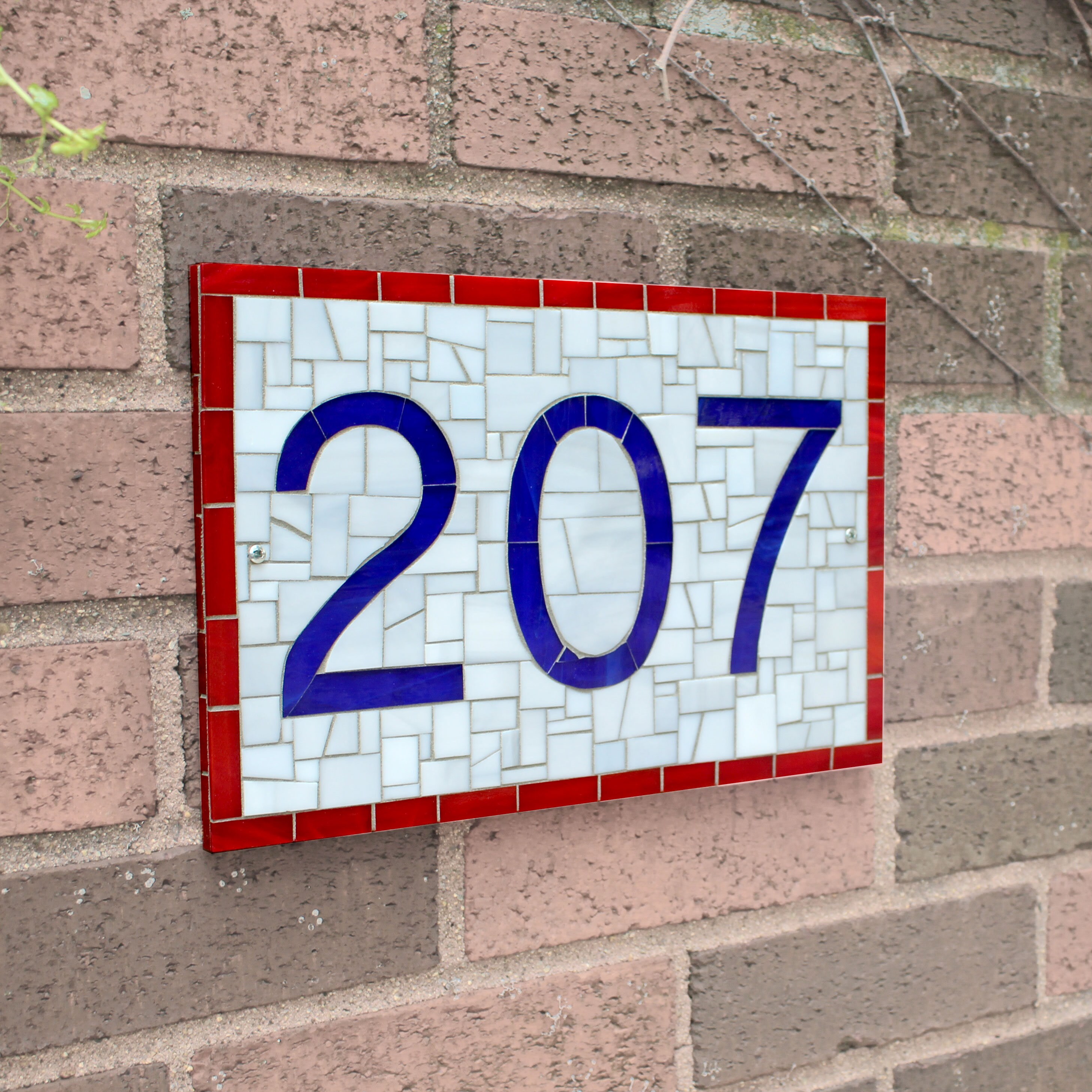 House Number Plaque Stained Glass Mosaic Tile Sign in Red Etsy