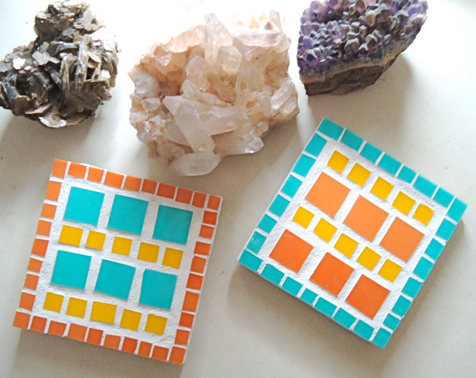 Glass Mosaic Coaster Set of 2 Turquoise Orange Yellow Etsy