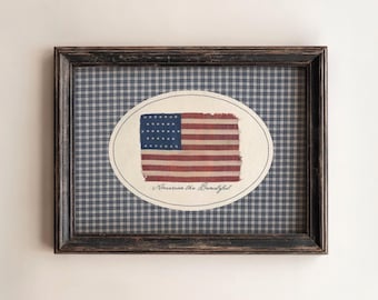 Vintage American Flag Print America the Beautiful, Farmhouse Fourth of July Wall Art, Rustic Americana Home Decor, Blue Gingham Plaid